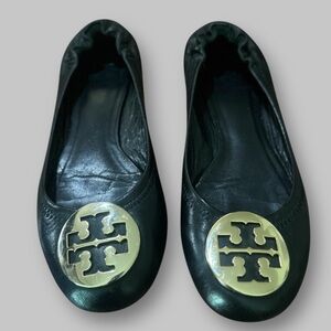 Tory Burch Black Flats with Gold Logo